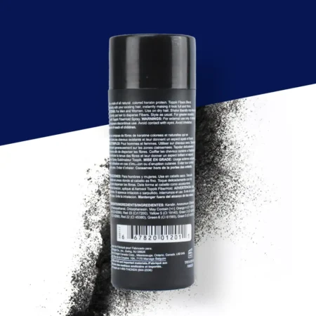 Back label of Toppik Hair Building Fibers 27.5g bottle showing directions and product details