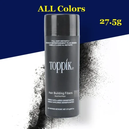 Front view of Toppik Hair Building Fibers 27.5g bottle in Black, Darkbrown, mediumbrown and Lightbrown for thinning hair